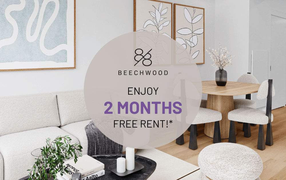 Staged living room in a studio suite at 88 Beechwood.